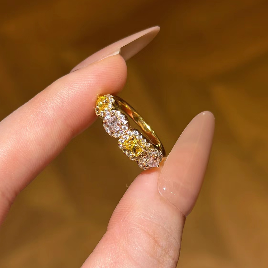 Lucky K S925纯银轻奢复古花季糖果戒指黄粉钻相间彩钻法式指环