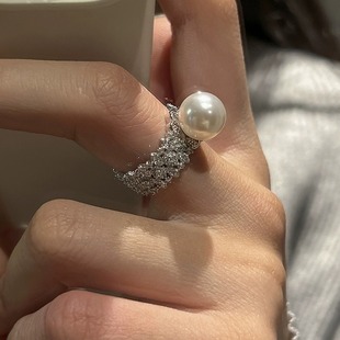 Lucky S925纯银满钻锆石施家珍珠真多麻戒指活口戒指