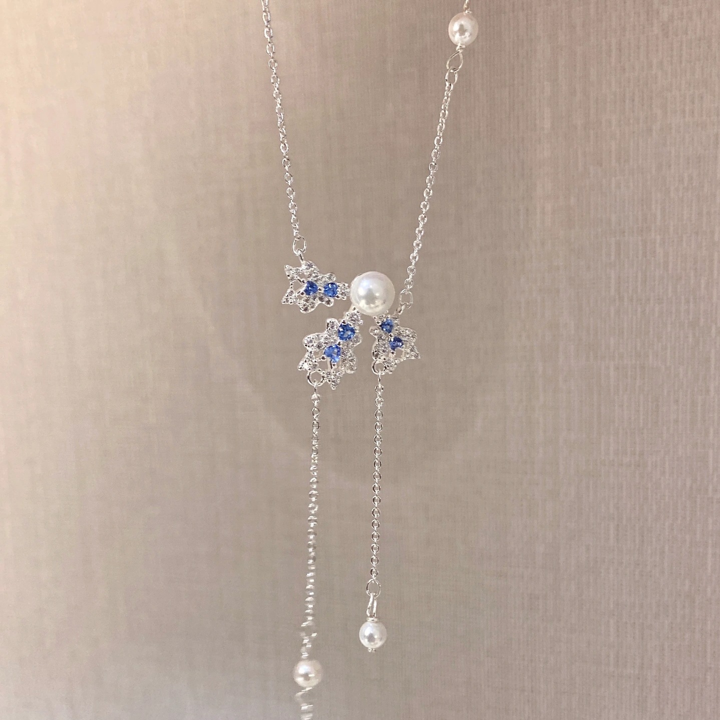 Lucky K S925纯银璀璨雪花珍珠流苏项链雾凇蓝白冬日长款锁骨链