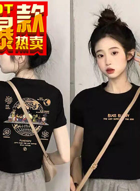 黑色短款正肩t恤女短袖2026夏季新款美式高腰露脐设计感纯棉体恤