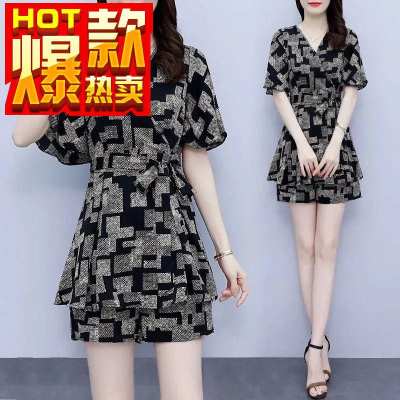 短裤套装女2023夏季新款薄款洋气休闲时尚宽松雪纺连衣裙两件套潮