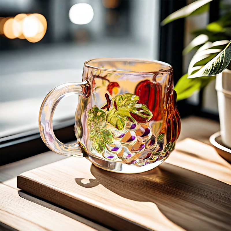 手绘水杯玻璃杯带把家用泡茶杯手绘南瓜饮料杯女高颜值加厚大容量
