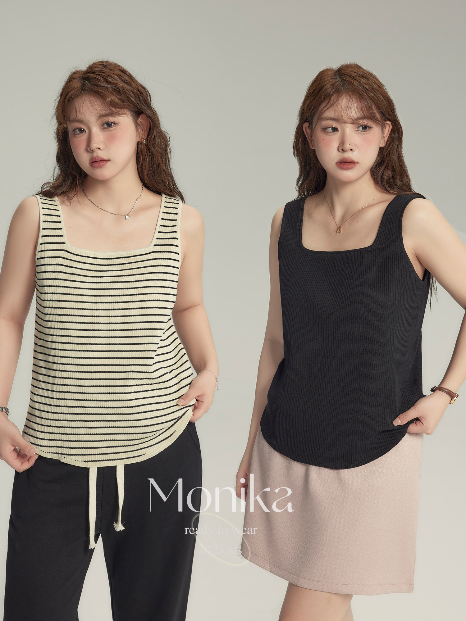 MONICA 플러스 사이즈 여성 의류 2024 지방 MM 스퀘어 넥 와이드 에지 니트 서스펜더 슬림 조끼를위한 새로운 가을 의류