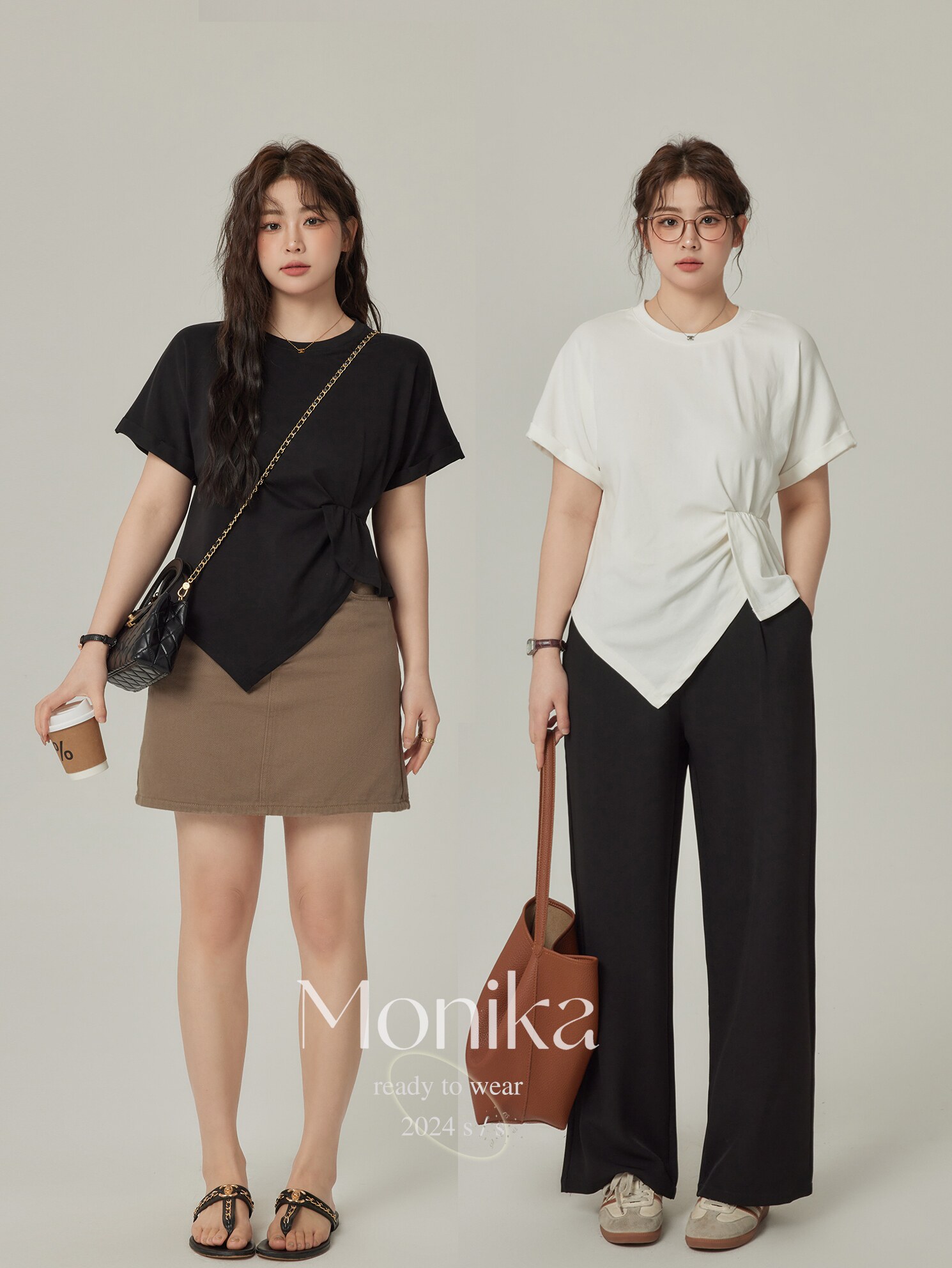 모니카 대형 라운드 넥 반팔 오른쪽 어깨 티셔츠 여성용 여름 신작 슬림 디자인 틈새 불규칙 탑