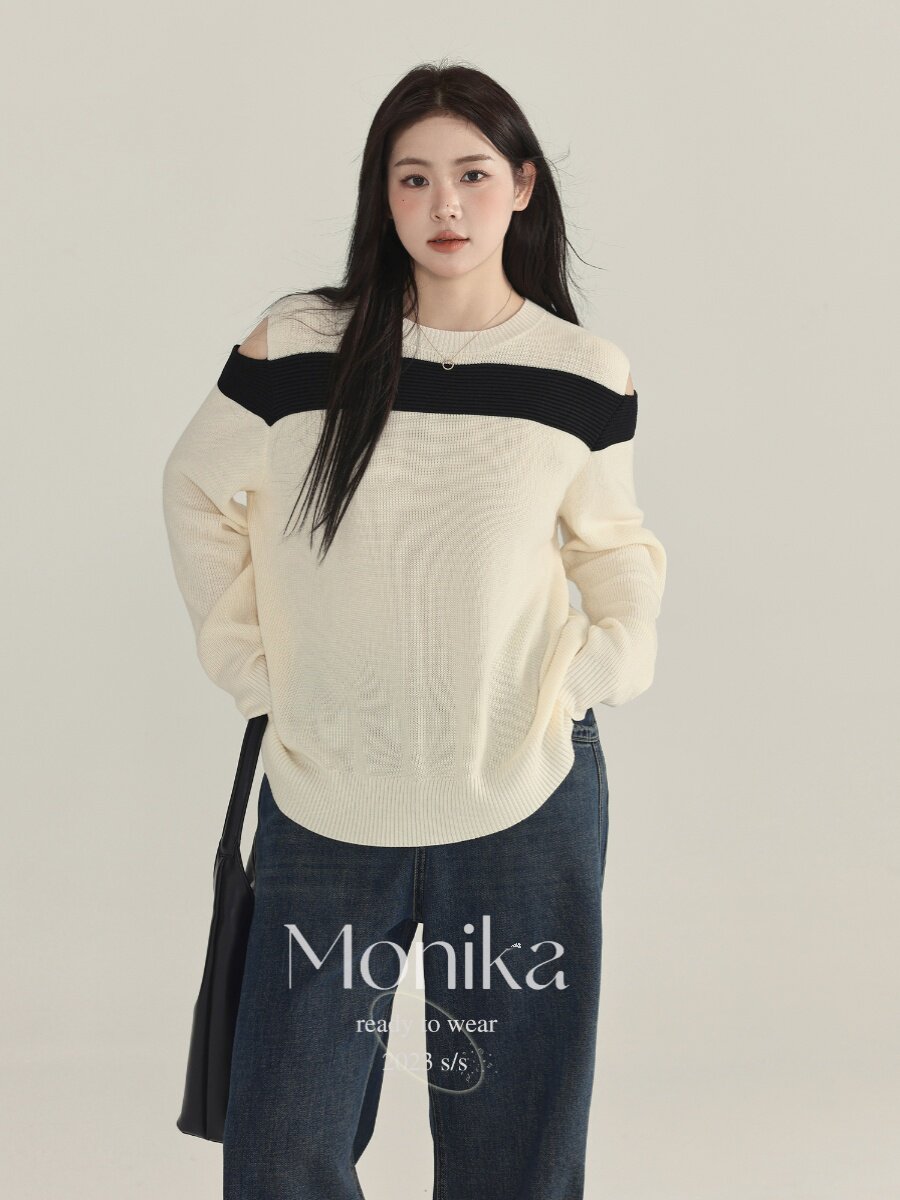 MONICA 여성용 대형 게으른 오프 숄더 라운드 넥 스웨터 2024 가을 새로운 지방 MM 느슨한 대비 탑