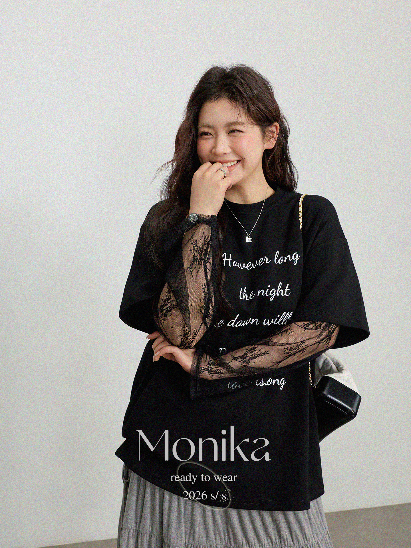 thumbnail for 大码女装春装黑色长袖蕾丝拼接假两件长袖T恤新款胖mm显瘦上衣