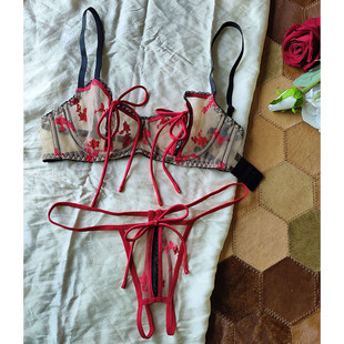 奢弥闺房****红式 性感蕾丝透视绑带镂空半开小胸刺绣内衣文胸套装