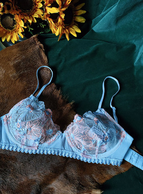 美F21超薄性感刺绣内衣女有钢圈网纱透定型聚拢上托文胸707580BCD