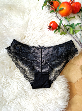WolfMiss性感低腰三角裤抗菌棉裆杏色撞黑色镂空透气蕾丝内裤女夏