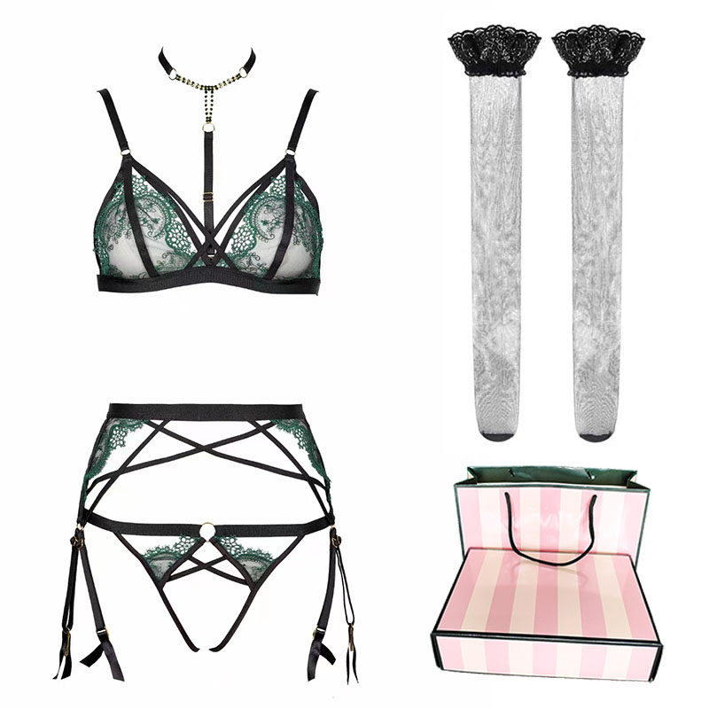 魅萝诱惑超薄性感内衣法式蕾丝边免丁字裤宝石水钻文胸送礼盒套装