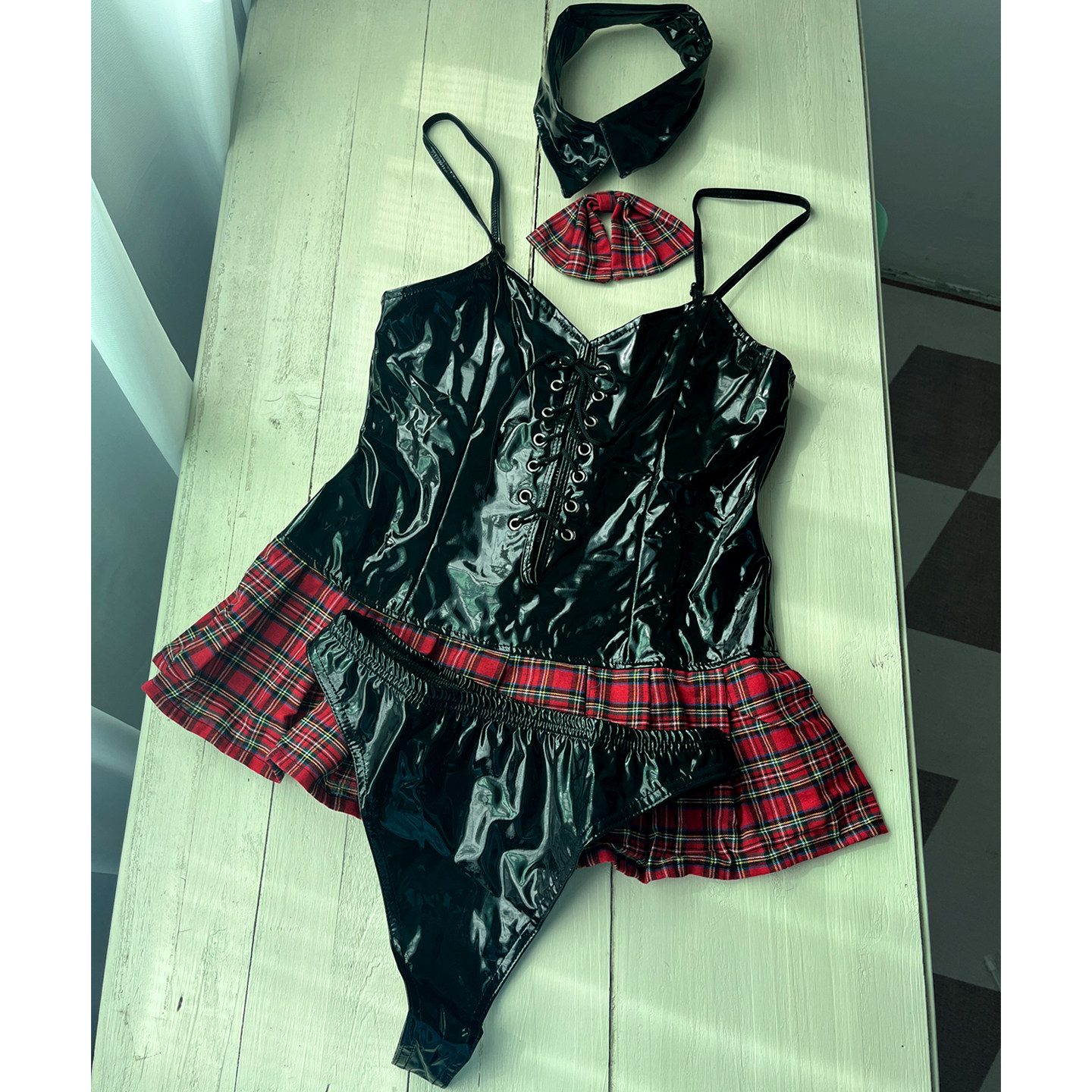 性感漆皮格纹套装女吊带裙格子装