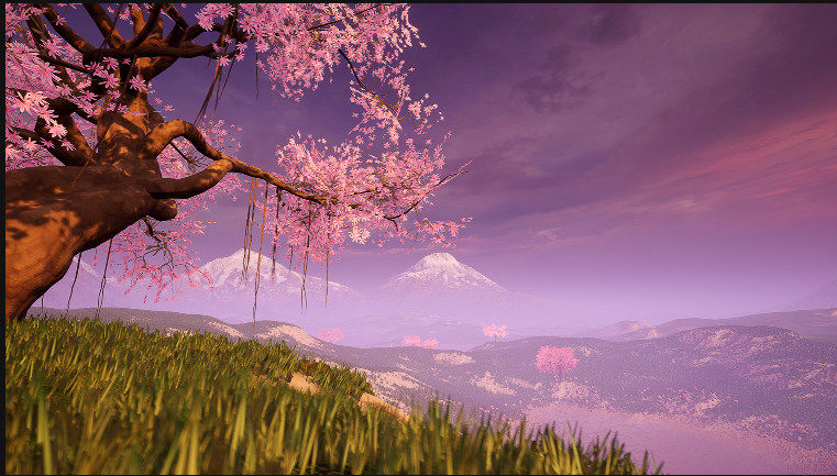 虚幻ue5风格化日式唯美场景素材 stylized动漫风草地樱花模型材质