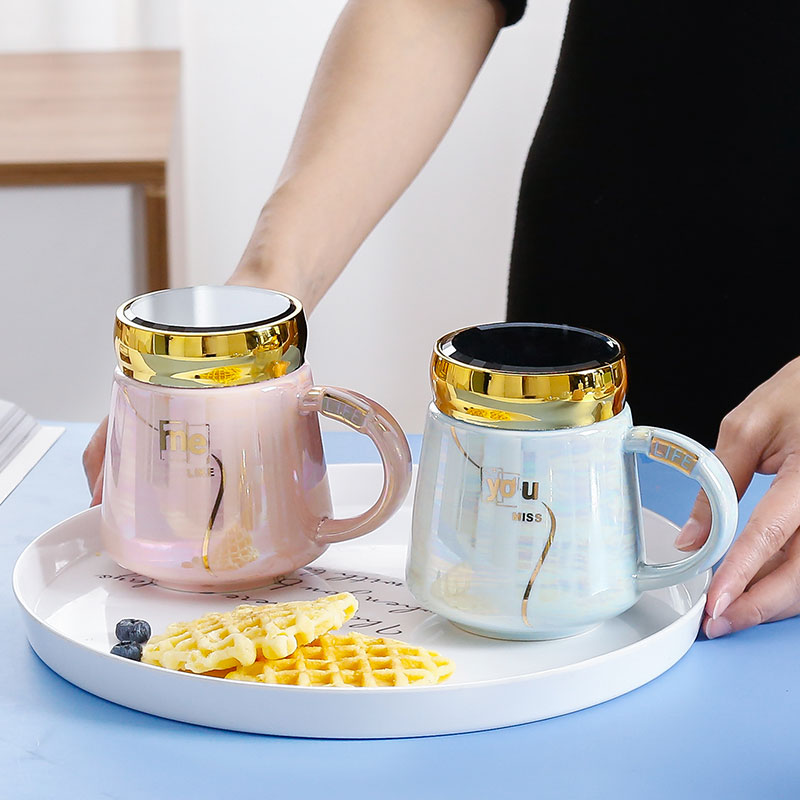 北欧陶瓷水杯带盖潮流情侣喝水杯