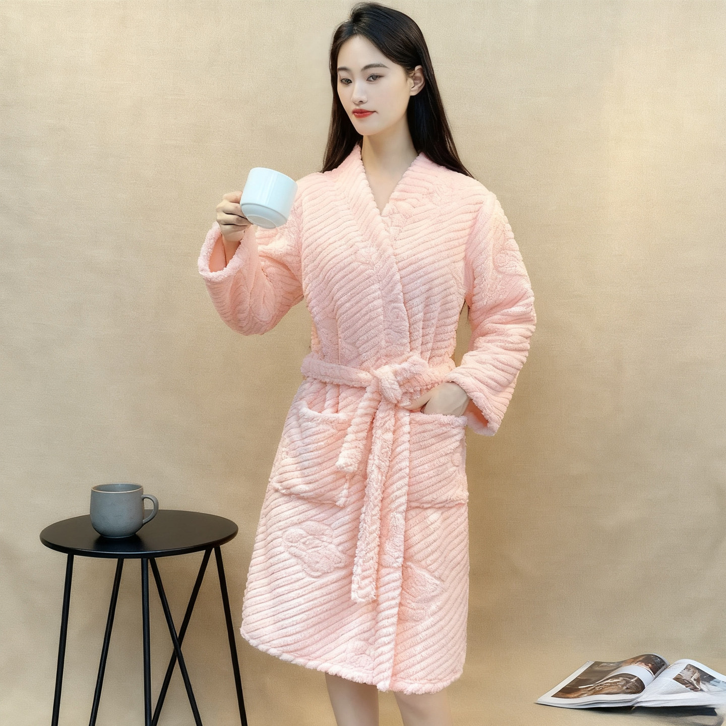 冬季中长款浴袍女款法兰绒加绒加厚睡袍秋冬情侣款珊瑚绒保暖睡衣