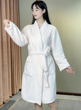 男女款法兰绒睡袍女秋冬季加绒加厚法兰绒晨袍珊瑚绒吸水速干浴袍