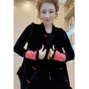 冬装新款金丝绒拼貂毛棉马夹女玉石扣盘扣休闲时尚坎肩棉背心小衫