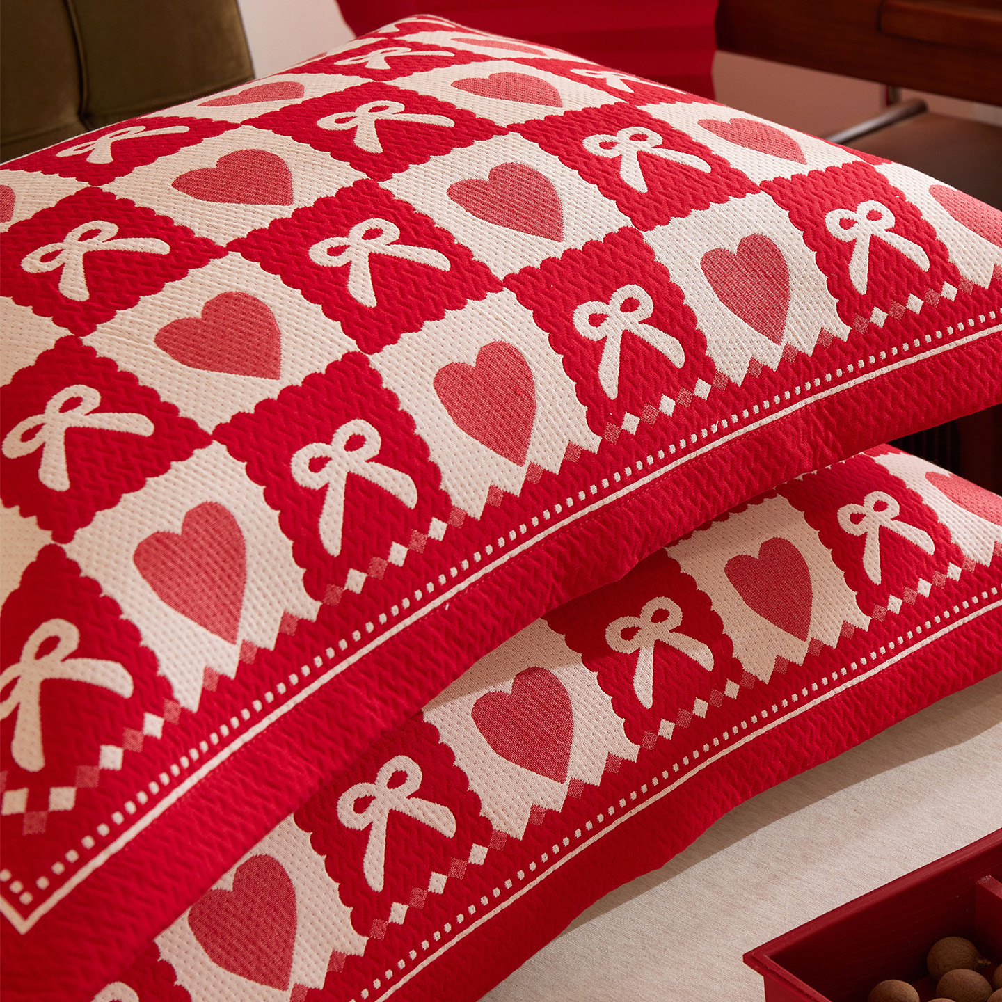红色喜庆全棉枕巾一对装