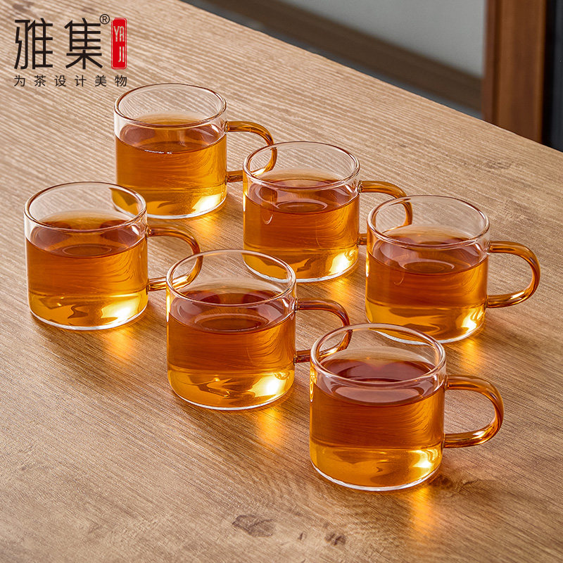 雅集茶具品茶杯晓茶杯100ml耐热玻璃品茗杯家用办公杯彩把6个装