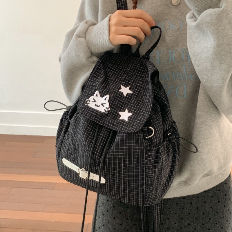 原创设计y2k可爱日系双肩包猫咪抽绳格子背包宅系亚文化包包