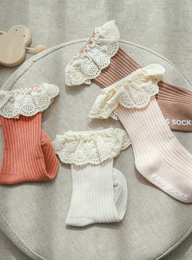 Nemobaby女宝宝花边纯色中筒袜地板防滑袜不勒腿松口女童春秋袜子