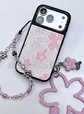 【原C-春日粉樱绽放】幻彩樱花手机链条透明黑框镜面防摔磁吸手机壳适用苹果iPhone17ProMax16p15promax14P13