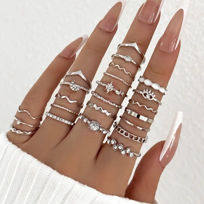 23Pcs Fashion Knuckle Rings Set For Women Crystal Star Moon
