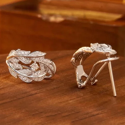 Silver Color Leaf Earrings for Women Full Dazzling Crystal