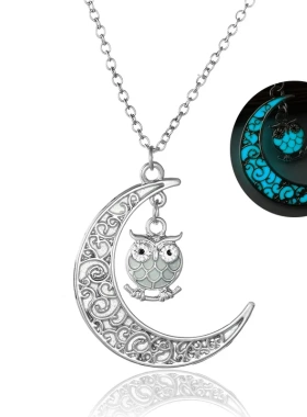 Women Luminous Owl Moon pendant necklaces Glow In The Dark