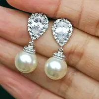 Luxury CZ Imitation Pearl Earrings for Women Silver Color thumbnail 6