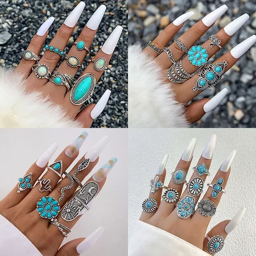Vintage Green Stone Geometric Rings Set For Women Retro