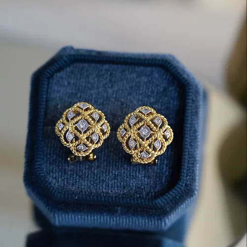 Vintage Hollow Stud Earrings Two Tone Rhombic Shaped Women