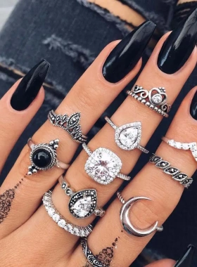Vintage Boho Finger Rings Set Moon Snake Crystal Midi