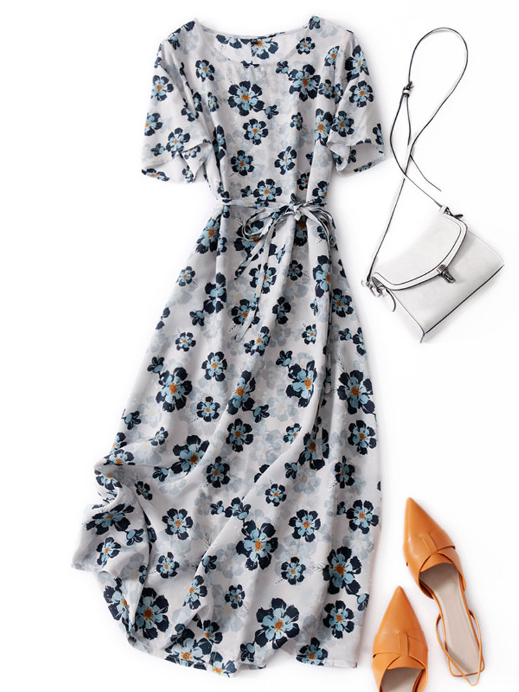 FRENCH LIGHT LUXURY MULBERRY SILK FLORAL DRESS WOMENS SUMMER TEMPERAMENT RETRO ROUND NECK TIE WAIST SILK MIDI SKIRT