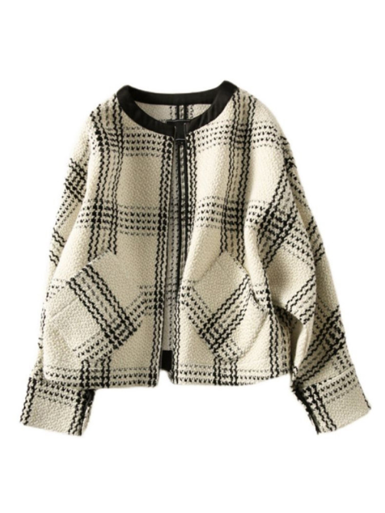 FRENCH LIGHT LUXURY SMALL FRAGRANCE WOOL JACKET WOMENS 2024 AUTUMN BLACK AND WHITE CHECK TEMPERAMENT LOOSE CASUAL CROP TOP