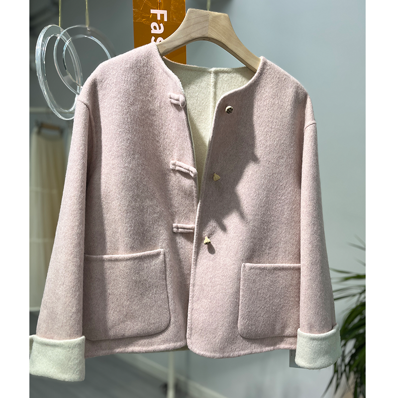 高级感国风新中式粉色双面羊绒小个子单排扣大衣小香风毛呢厚外套,女装/女士精品,羊绒衫,淘宝优惠券,粉丝福利购,淘宝优惠卷
