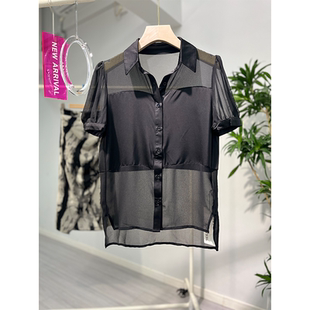 遮肚子上衣荷叶边雪纺衫 黑色衬衫 洋气衬衣泡泡袖 2026新款 女夏薄款