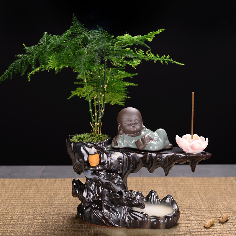 可爱小和尚佛系香道陶瓷花盆带植物禅意古风文竹盆栽室内家居摆件