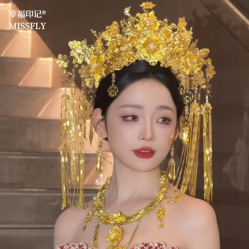 金色奢华花朵喜字大凤冠中式汉服婚礼结婚配饰品秀禾龙凤褂头冠