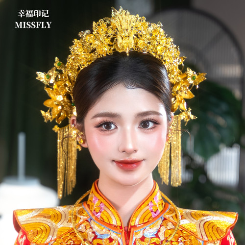 新娘头饰金色凤冠皇冠发饰花朵大流苏步摇发簪秀禾龙凤褂发饰精致