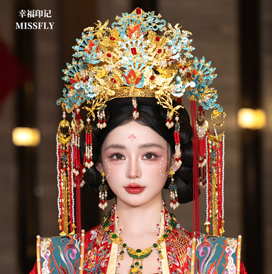 大凤冠霞帔汉服婚礼新娘金红蓝凤凰中式婚礼秀禾头饰发饰奢华高端