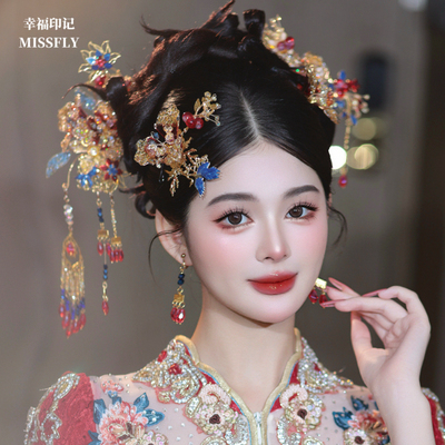 新娘头饰新中式金红蓝秀禾发饰旗袍马面裙汉服配饰品凝胶花朵减龄