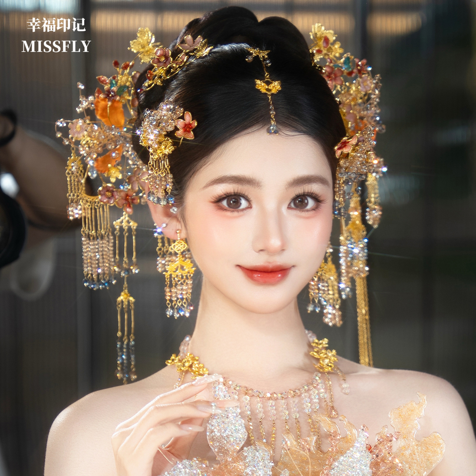 小清新新娘浅色金色橙色粉色新中式秀禾旗袍晨袍南洋礼服分体头饰