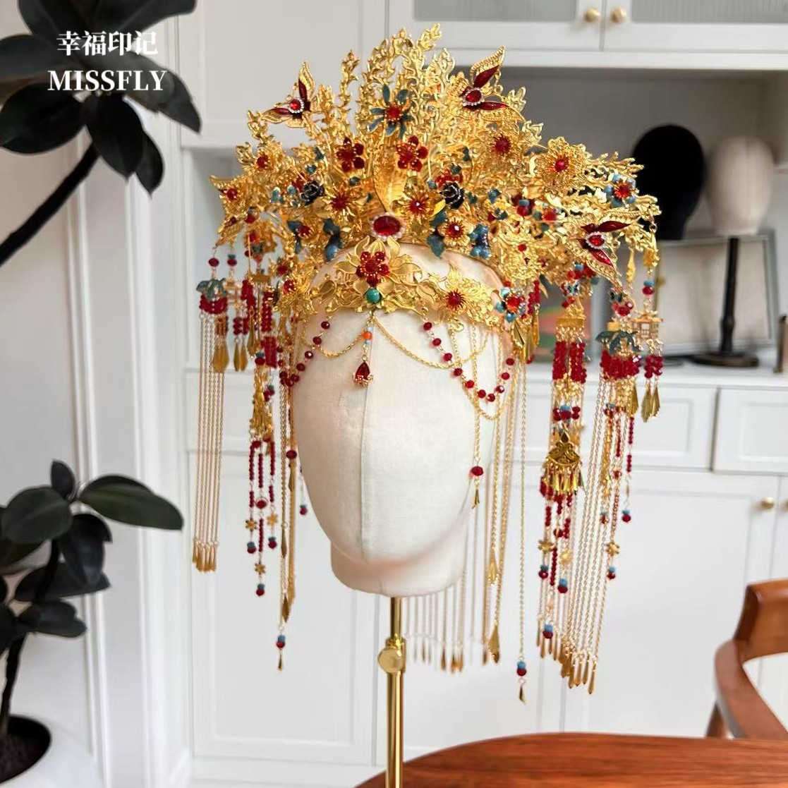 金色凤冠新娘头饰金红蓝秀禾汉服龙凤褂凤凰高端婚礼新中式发饰