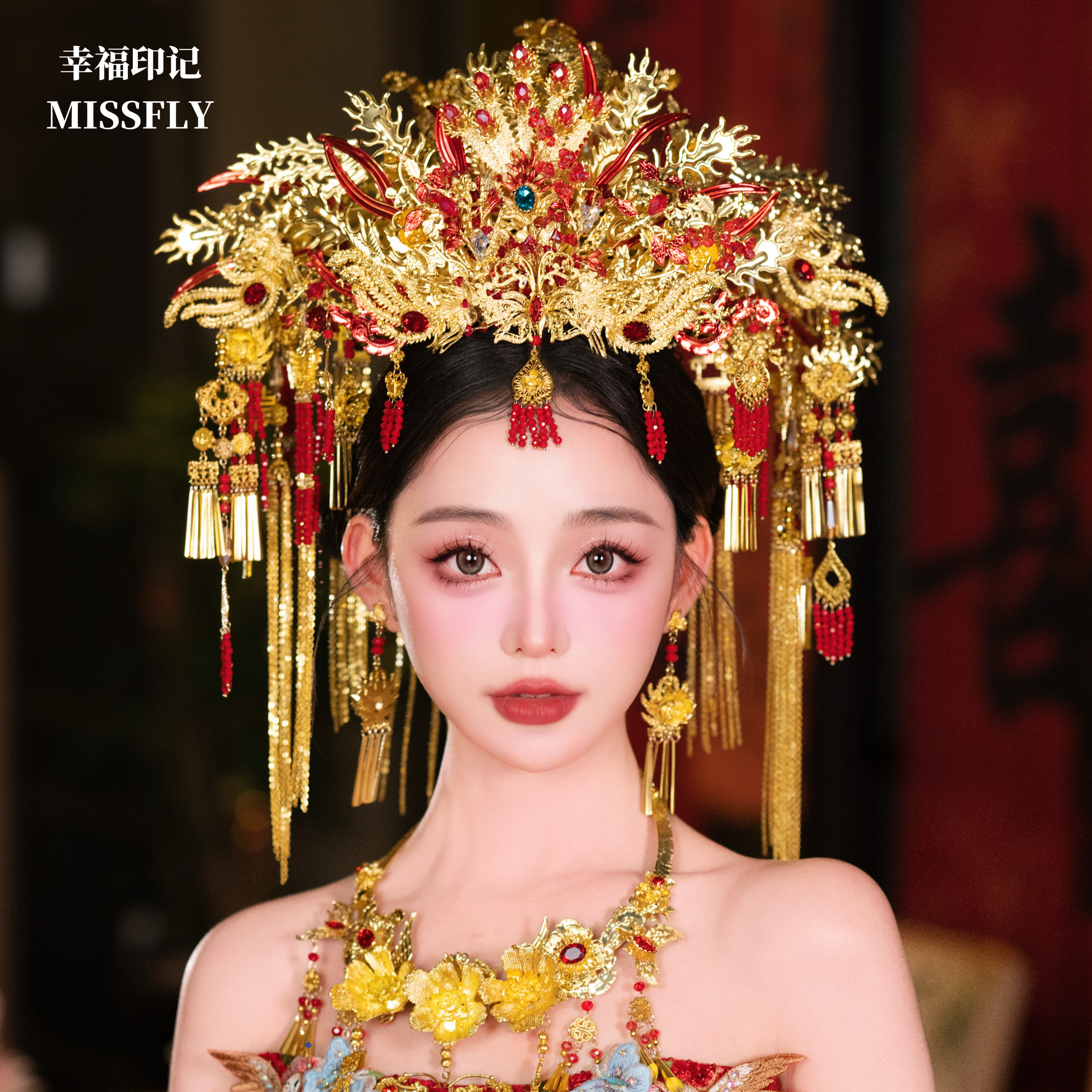 金红色大凤冠整冠新娘中式头饰汉服秀禾龙凤褂后发饰奢华显脸小