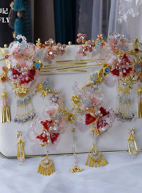 金红色新中式新娘秀禾头饰眉心坠水晶花朵步摇旗袍汉服发饰减龄