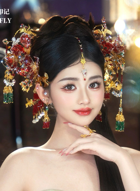 金红色秀禾头饰浅色新中式新娘婚礼水凝胶花朵发饰重工减龄高级感