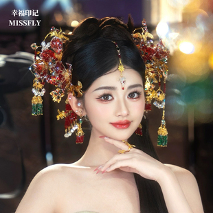 金红色秀禾头饰浅色新中式新娘婚礼水凝胶花朵发饰重工减龄高级感