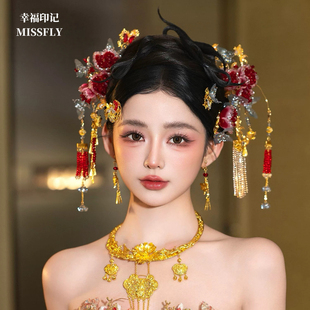 金红蓝色减龄秀禾花朵头饰金色新中式发饰新娘婚礼旗袍配饰品超仙