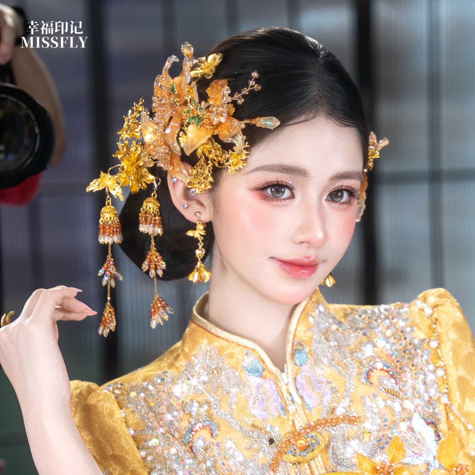 香槟金珠浅色秀禾新娘头饰小清新新中式旗袍晨袍南洋礼服减龄发饰