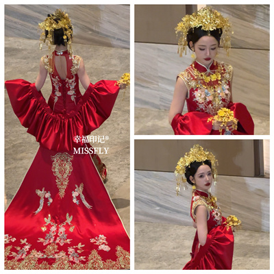 金色中式新娘秀禾服头饰古风汉服龙凤褂结婚礼服凤冠霞帔婚礼发饰